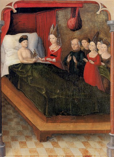 Pannello del Sacro Sangue di Weingarten del 1489. Landesmuseum Württemberg, Stoccarda. Pannello 20: Alla sua morte, il conte Balduin lascia la reliquia a sua figlia Judith da Unknown